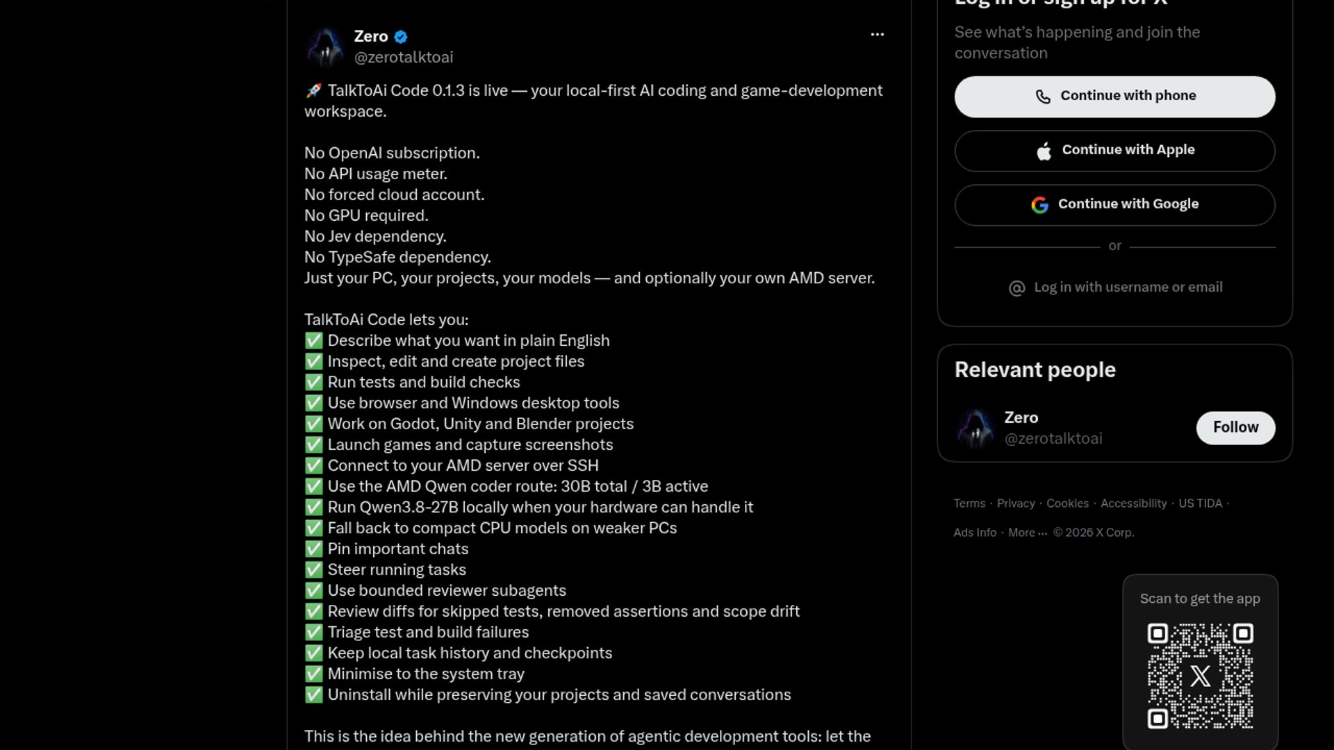 TalkToAi Code 0.1.3 has been released, offering a fully local, subscription-free AI coding and game-development workspace.