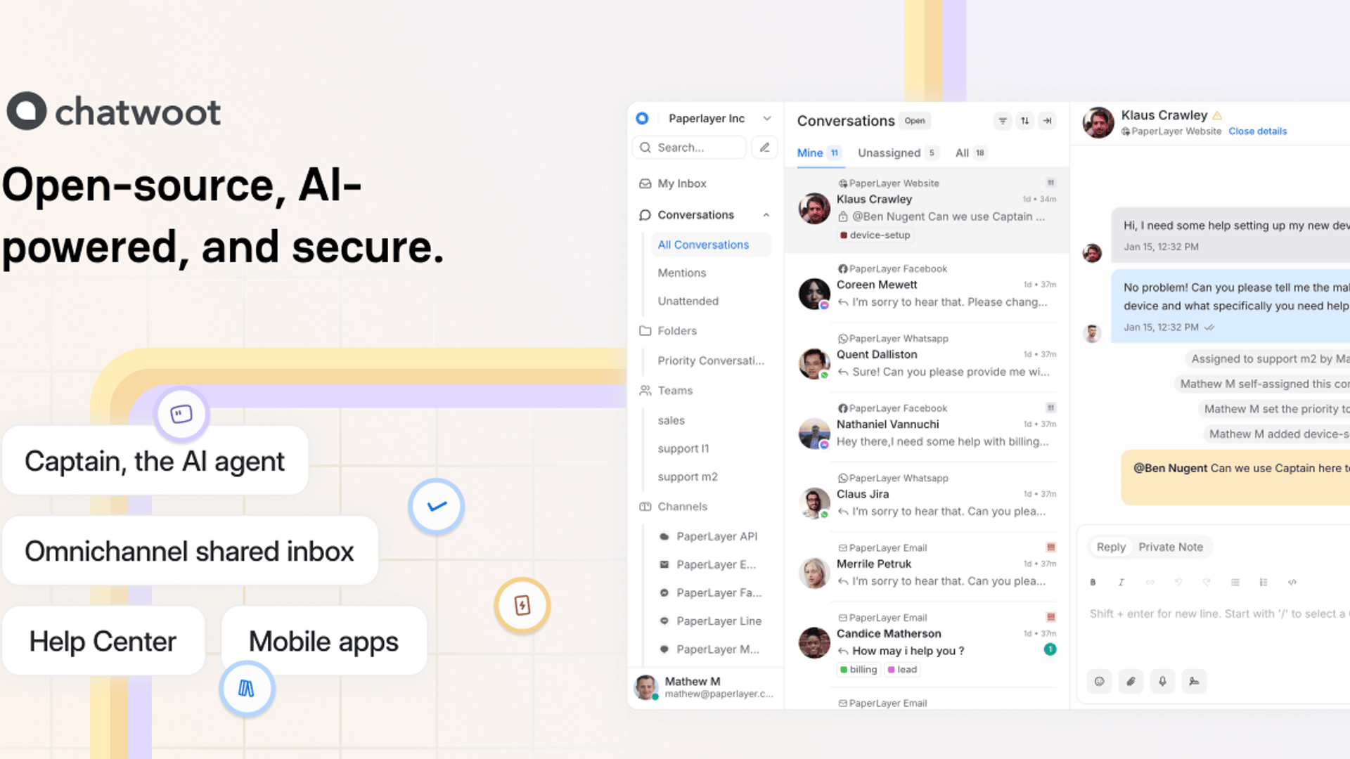 Chatwoot is a self-hostable, open-source customer support platform serving as a powerful alternative to Intercom and Zendesk.
