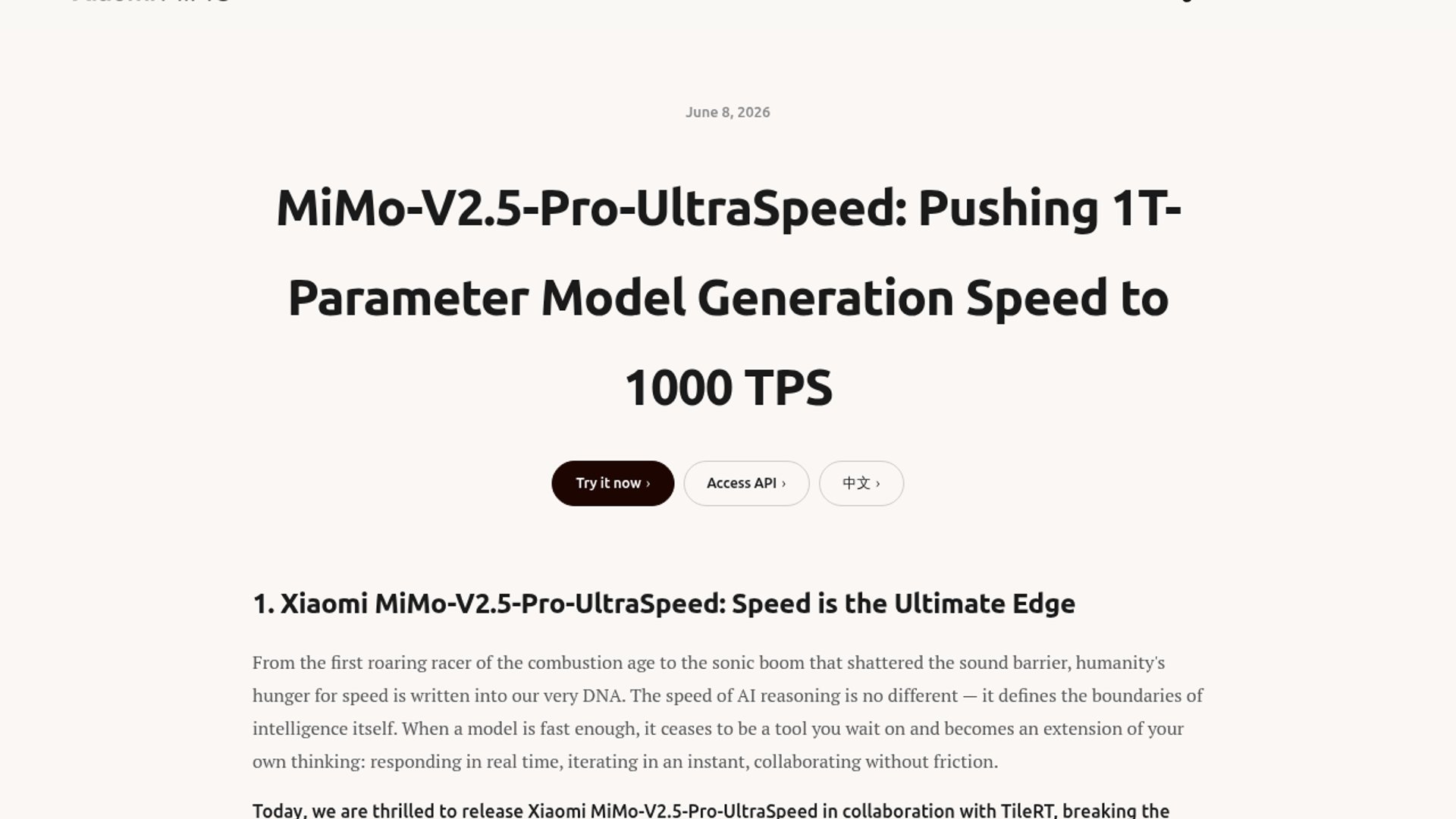 Xiaomi MiMo and TileRT have released MiMo-V2.5-Pro-UltraSpeed, breaking the 1000 tokens per second decoding threshold for a 1-trillion-parameter model on commodity GPUs.