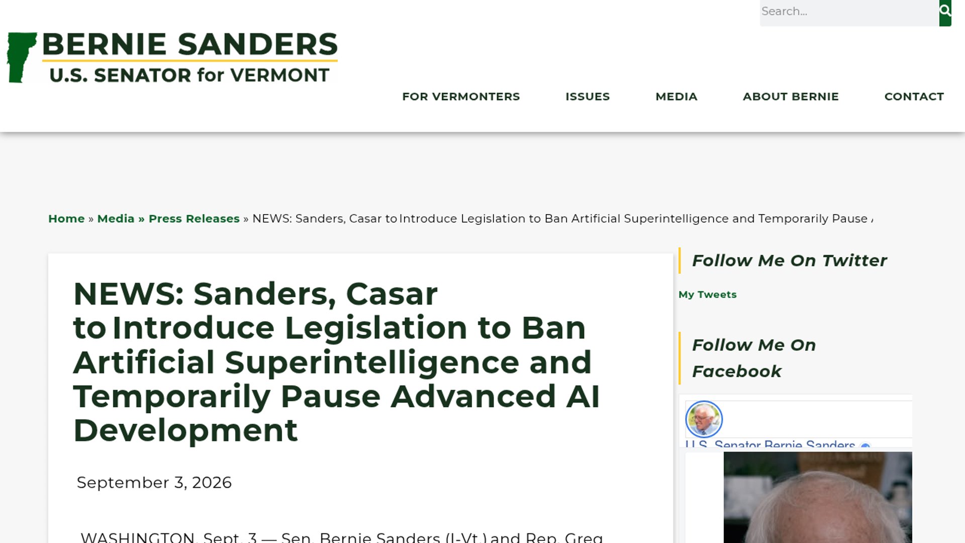 Sanders, Casar Announce Ban Artificial Superintelligence Act