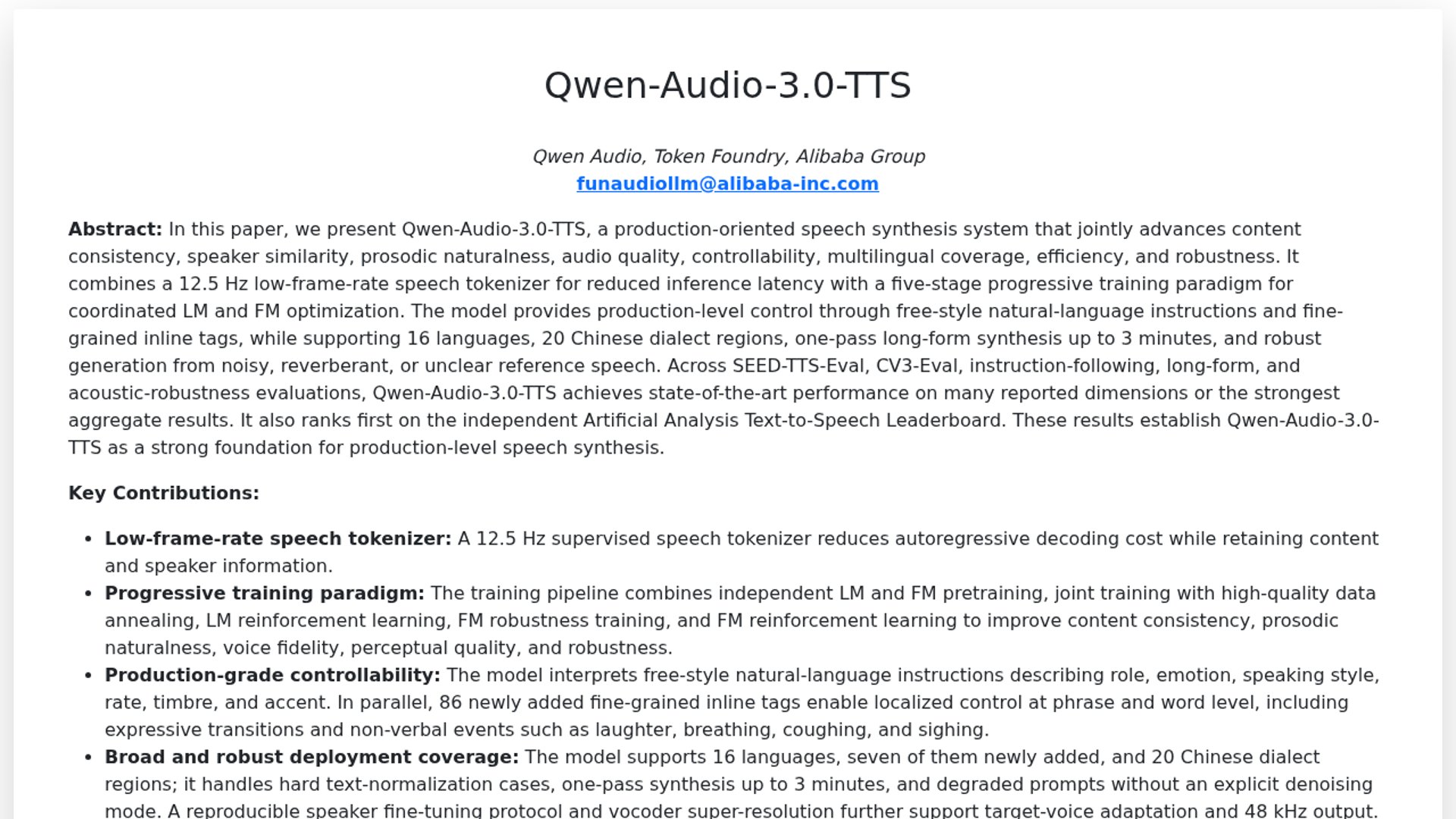 Qwen-Audio 3.0 TTS tops Speech Arena leaderboard