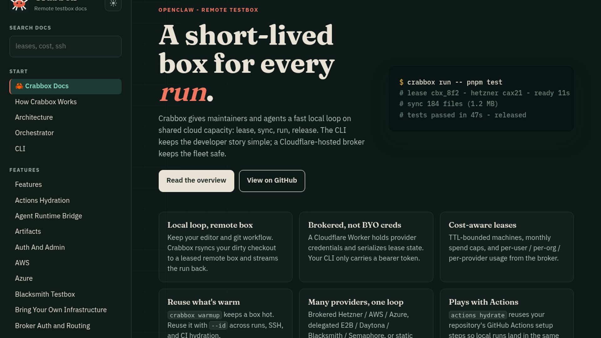Crabbox is a remote test execution control plane that provisions isolated, ephemeral cloud sandboxes to run tests and command suites for developers and AI agents.