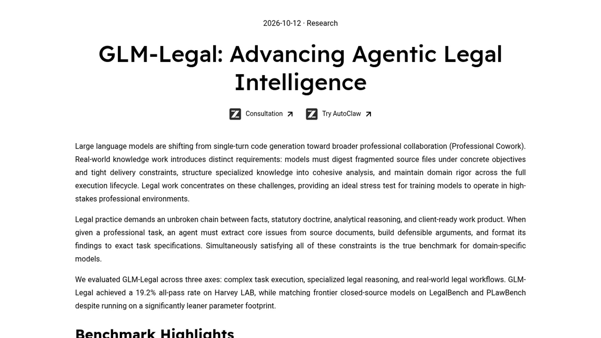 GLM-Legal Scores 19.2% on Harvey LAB