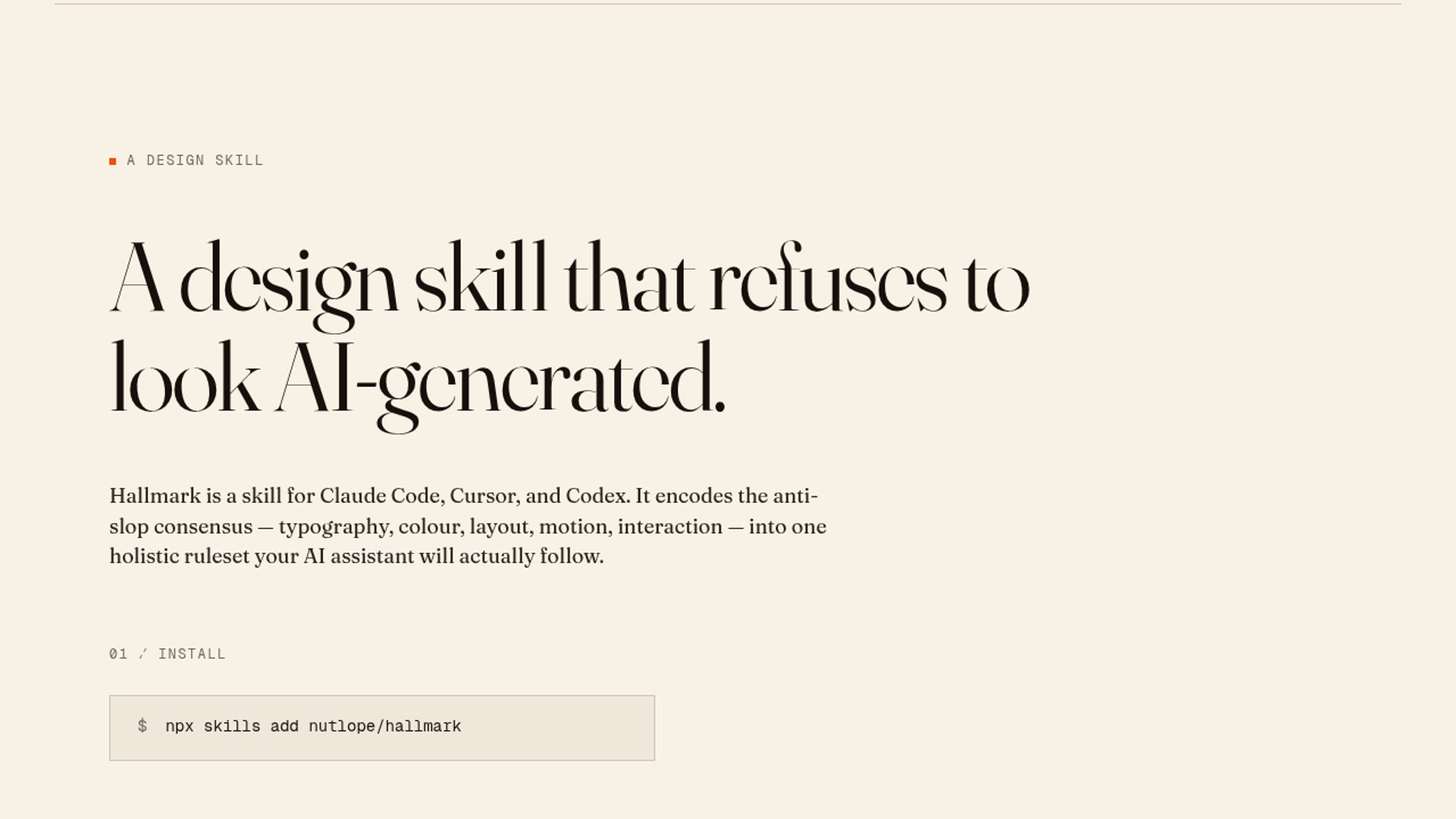 Hallmark is a design-centric ruleset and open-source skill for AI coding assistants to generate premium, human-like interfaces instead of typical AI-generated slop.