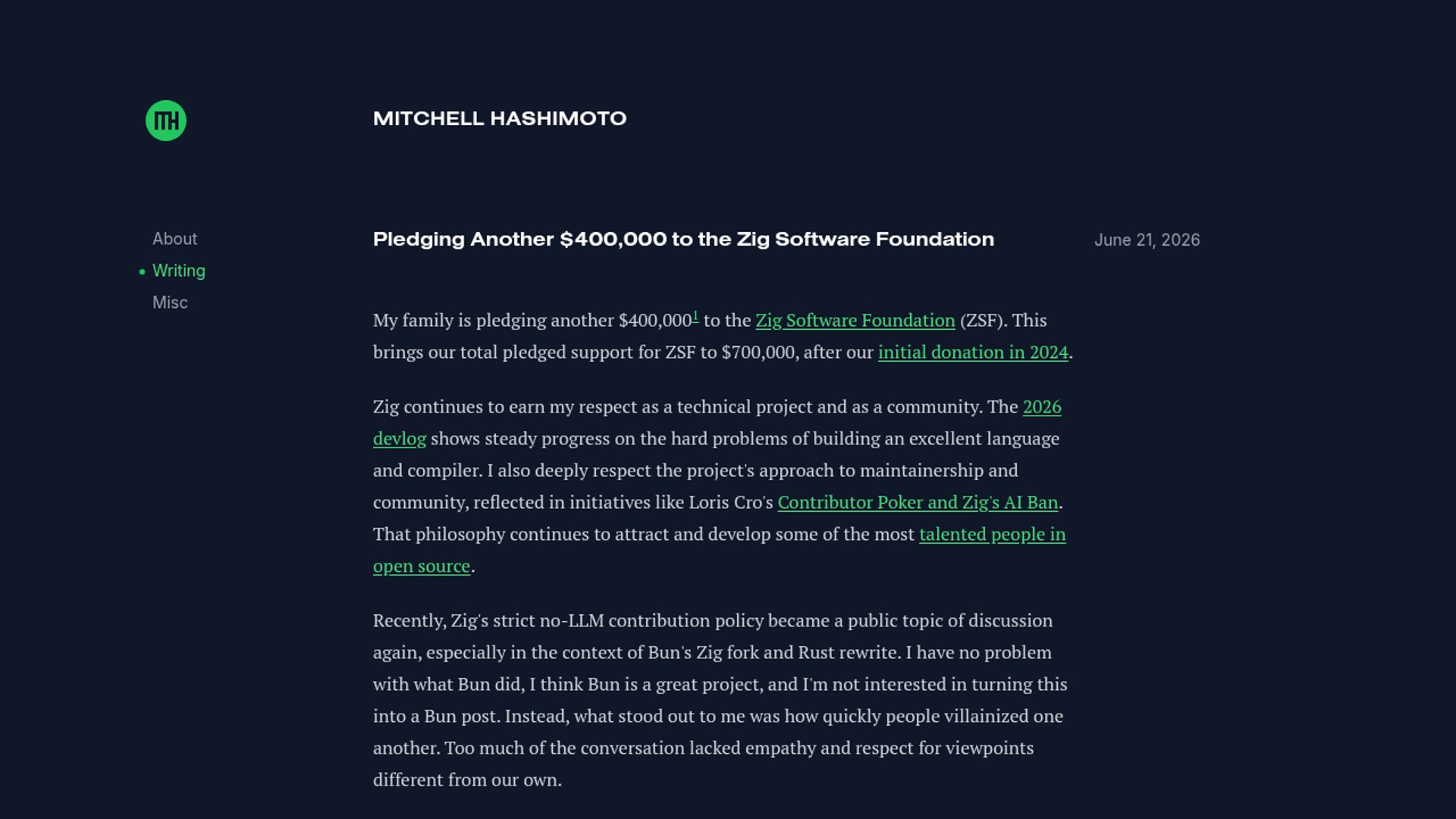 Mitchell Hashimoto pledges an additional $400,000 to the Zig Software Foundation, bringing his total support to $700,000.