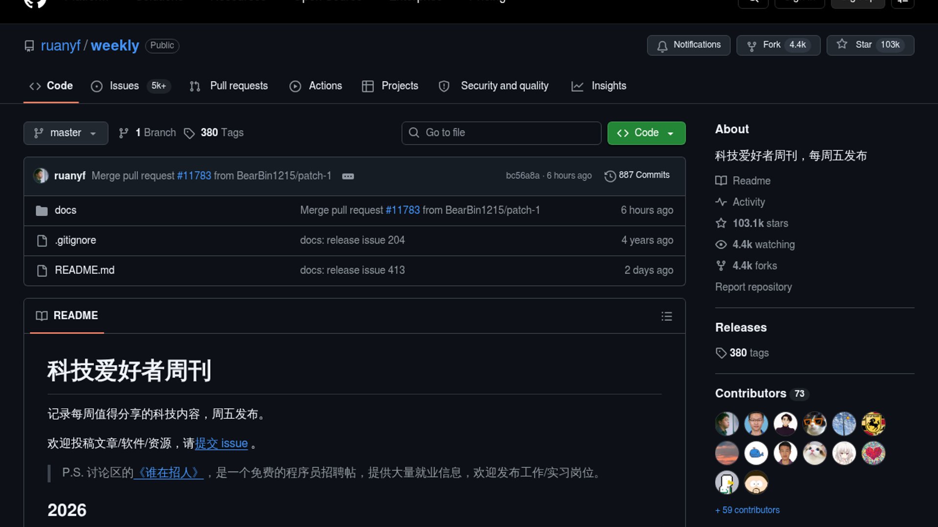 ruanyf/weekly newsletter tops 100,000 GitHub stars
