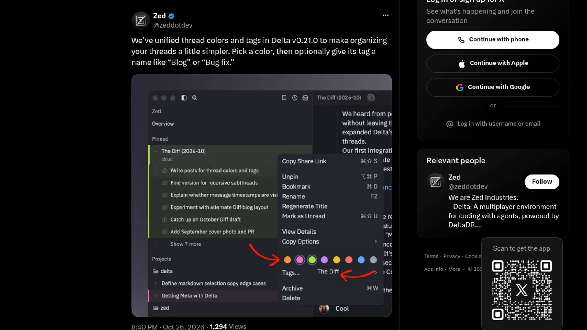 Delta 0.21 Unifies Thread Colors, Tags