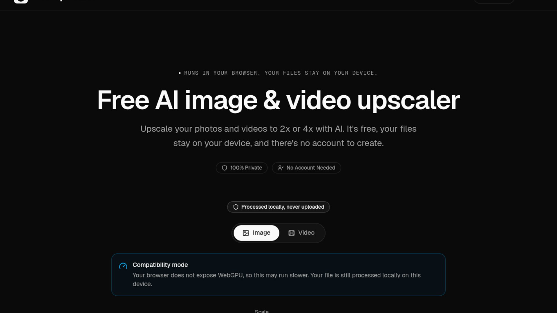FreeUpscaler upscales images and videos locally using WebGPU
