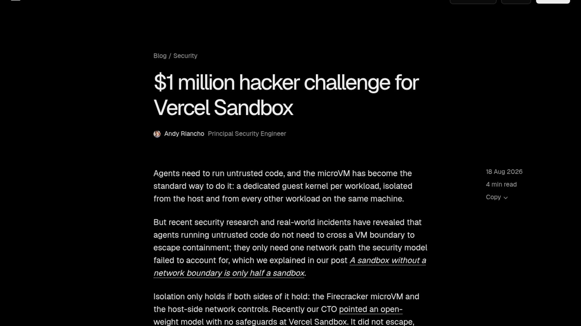 Vercel Sandbox Opens $1M Security Challenge