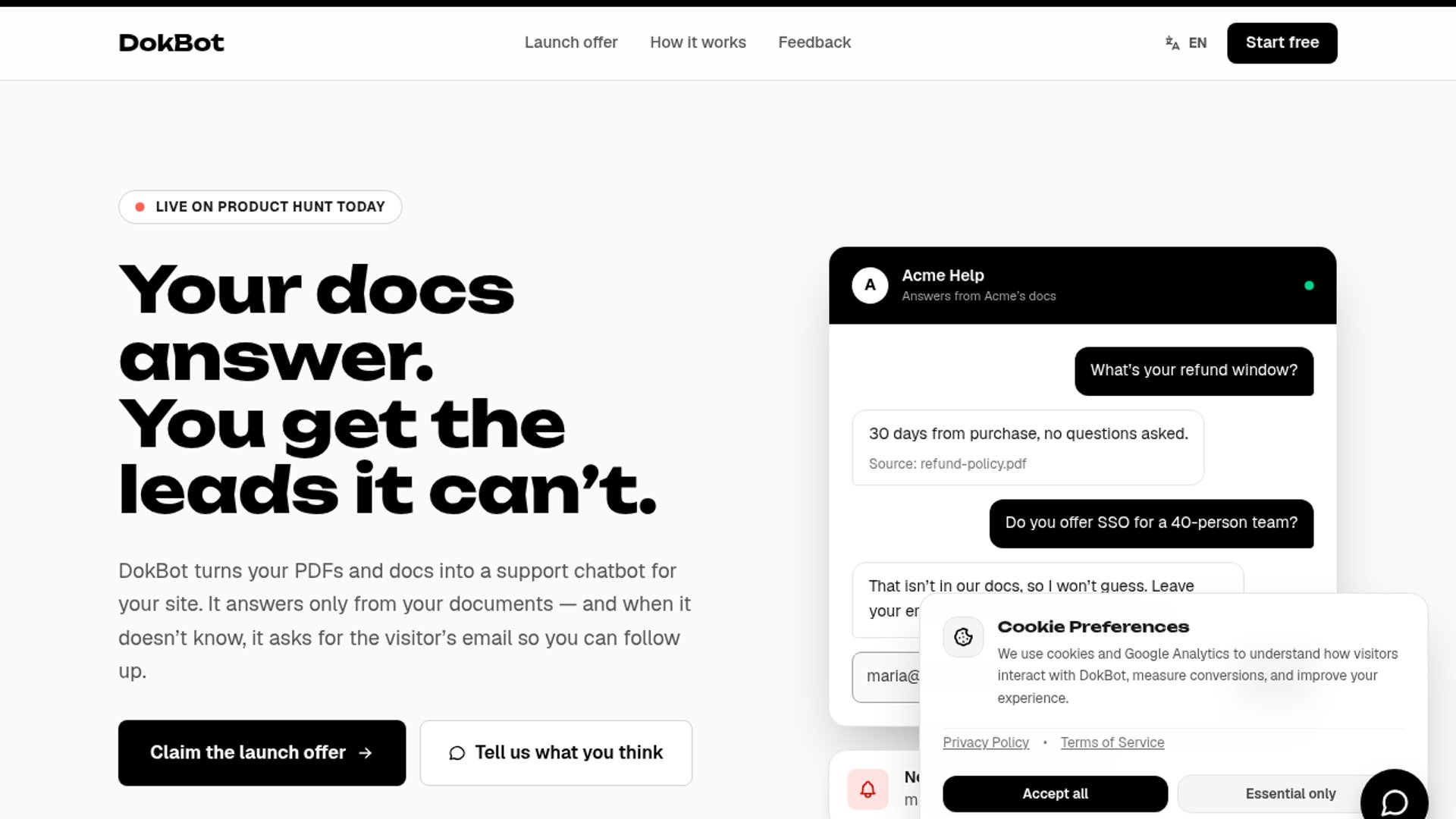 DokBot launches a no-code support chatbot builder that strictly answers queries from documentation and captures leads when answers are unavailable.