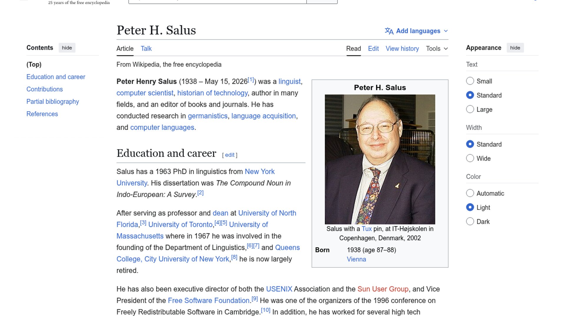 UNIX historian Peter Salus dies at 88