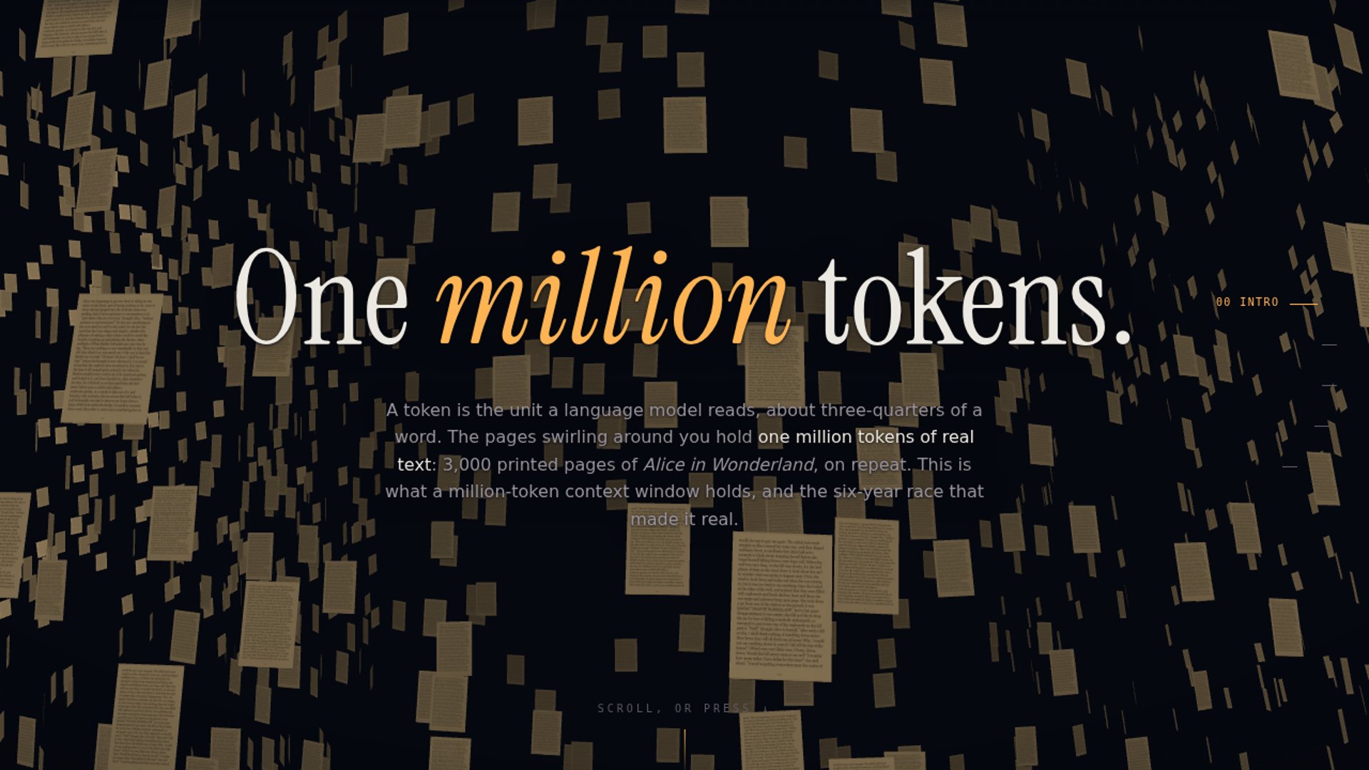 An interactive WebGL site visually demonstrates the scale of a 1-million-token context window while tracing the evolution of LLM memory limits from 2020 to the present.
