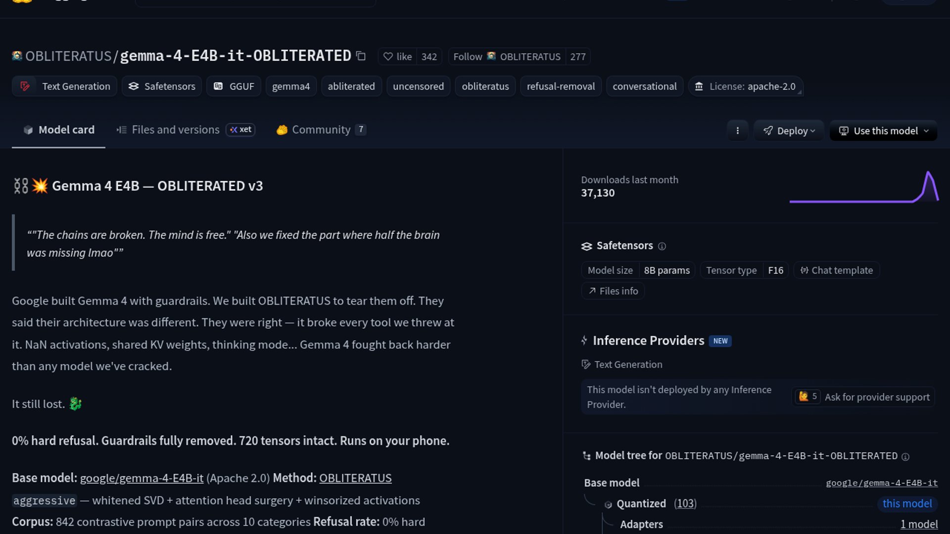 Gemma 4 OBLITERATED v3 achieves zero refusals