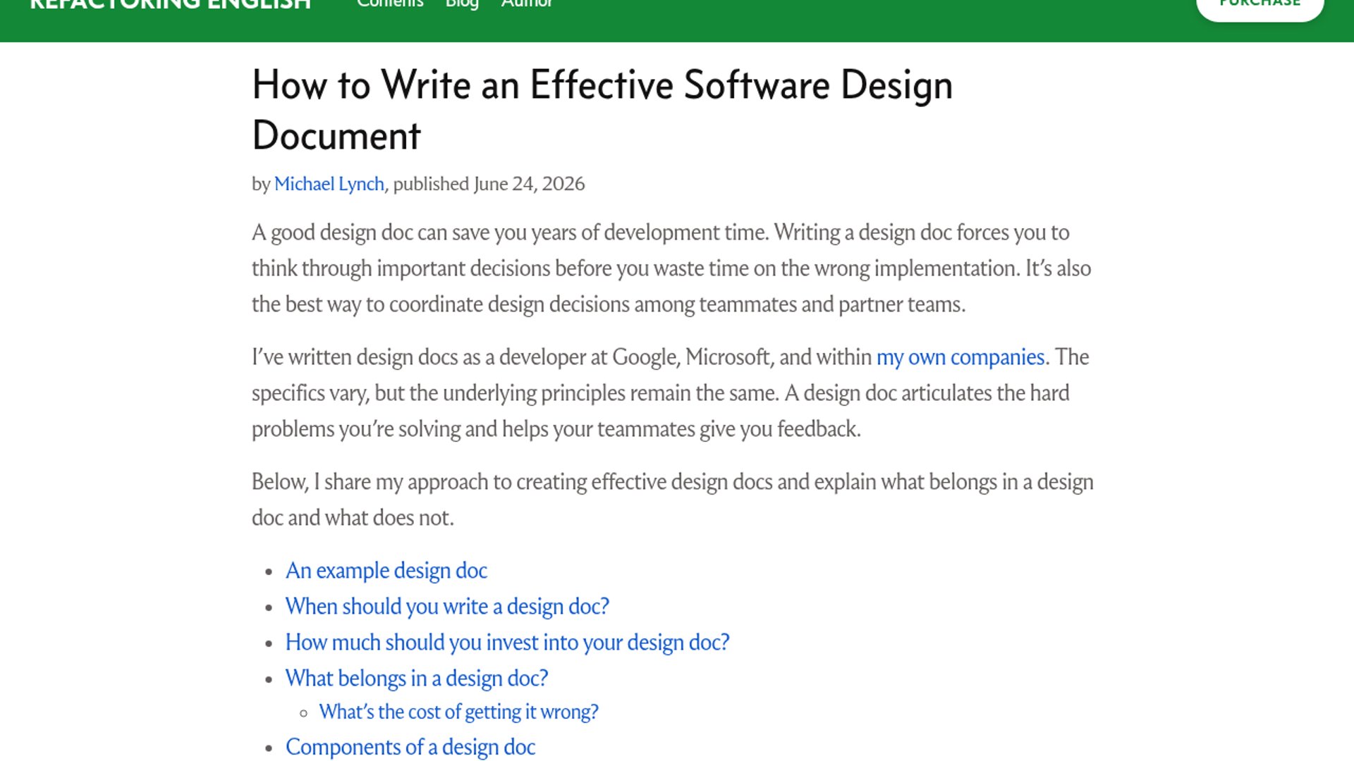 Michael Lynch shares a battle-tested framework and full-length open-source example for writing effective software design documents.