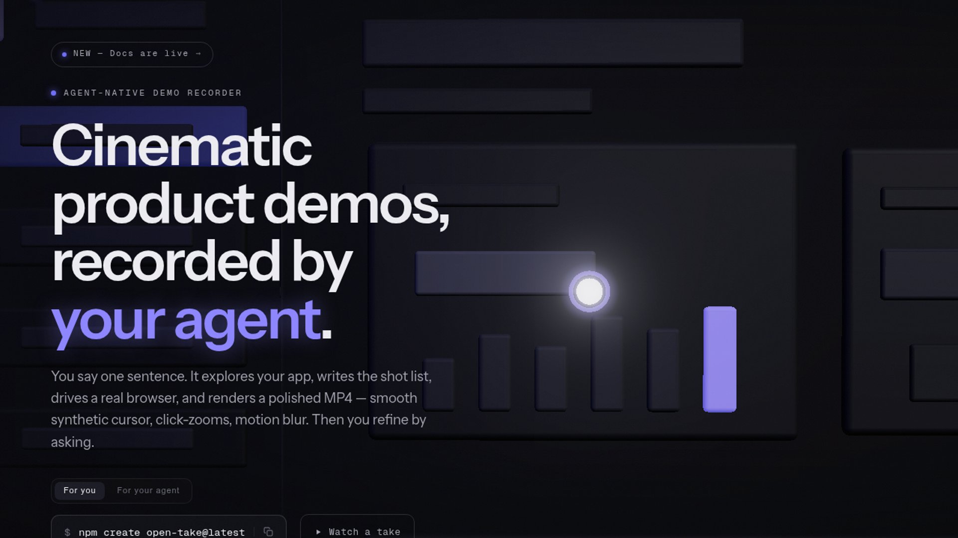 open-take renders cinematic product demo videos