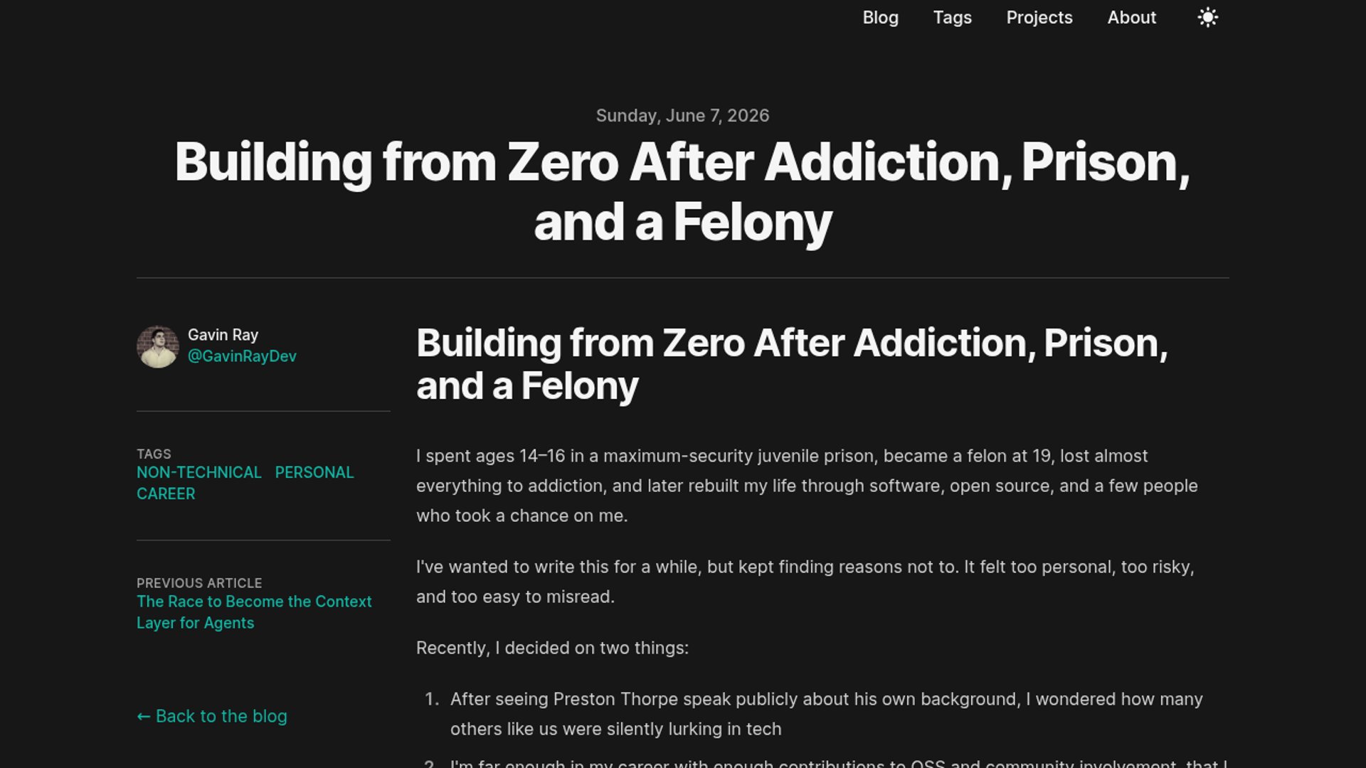 Gavin Ray shares his inspirational story of rebuilding his life from prison, felony convictions, and severe addiction to becoming a successful software engineer and core open-source contributor at Hasura.