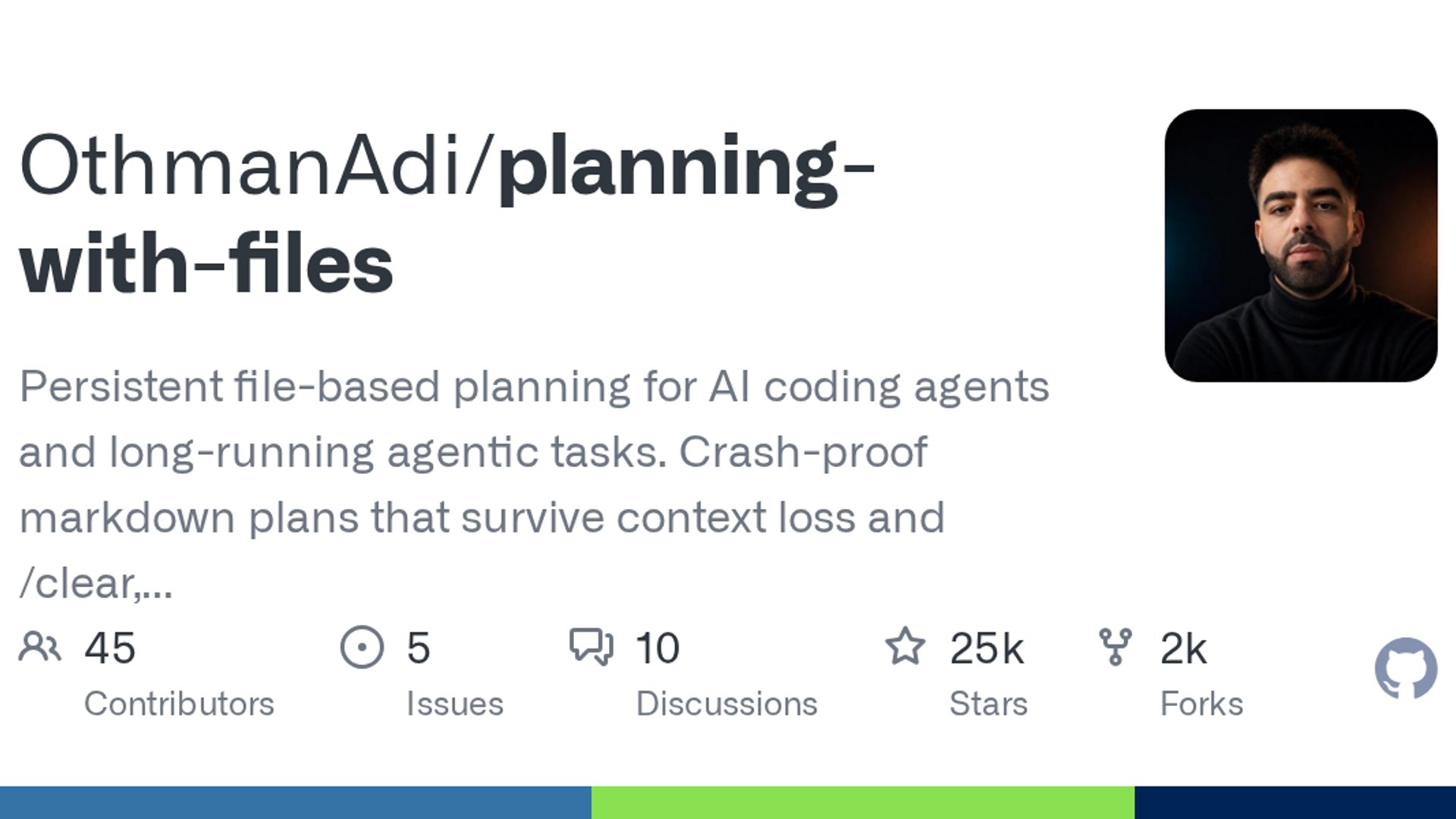 planning-with-files provides persistent, file-based markdown planning and completion gating to help AI coding agents survive context loss and handle long-running tasks.