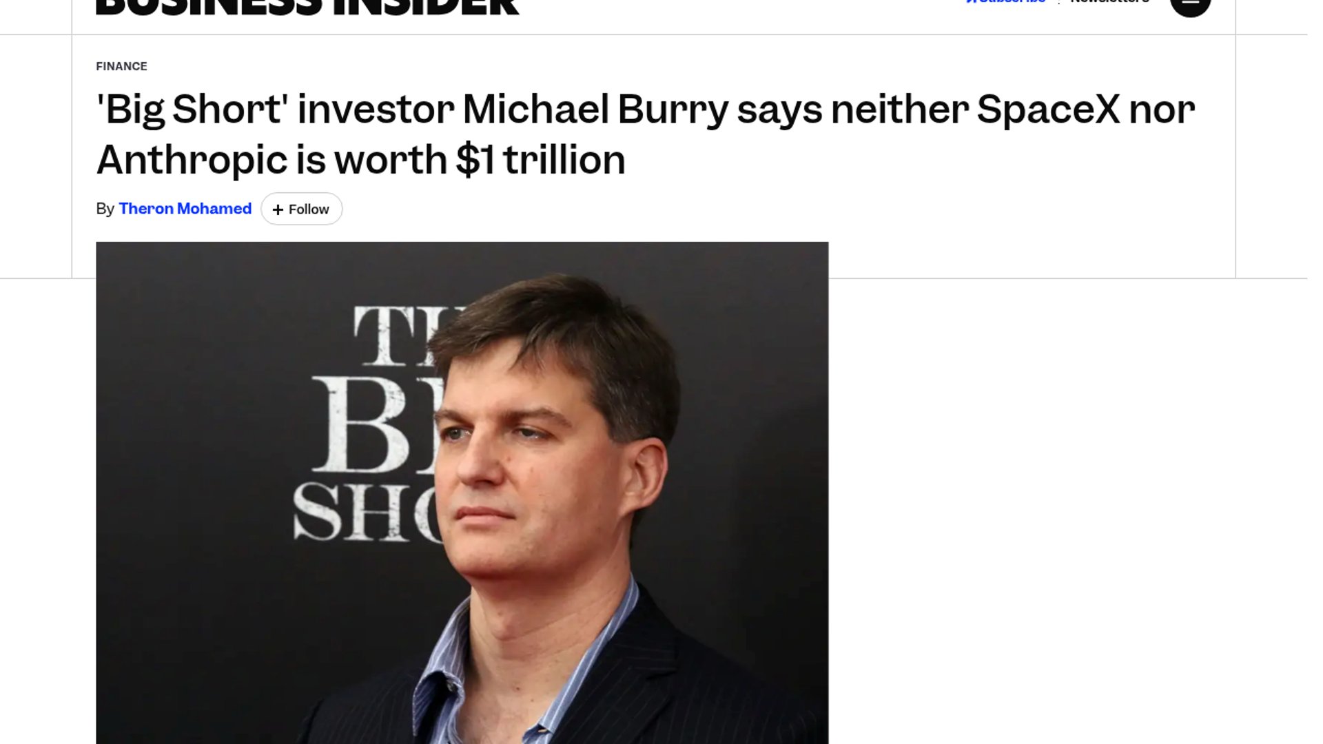 Famous "Big Short" investor Michael Burry asserts that neither SpaceX nor Anthropic is fundamentally worth $1 trillion, warning of a speculative AI and tech bubble.