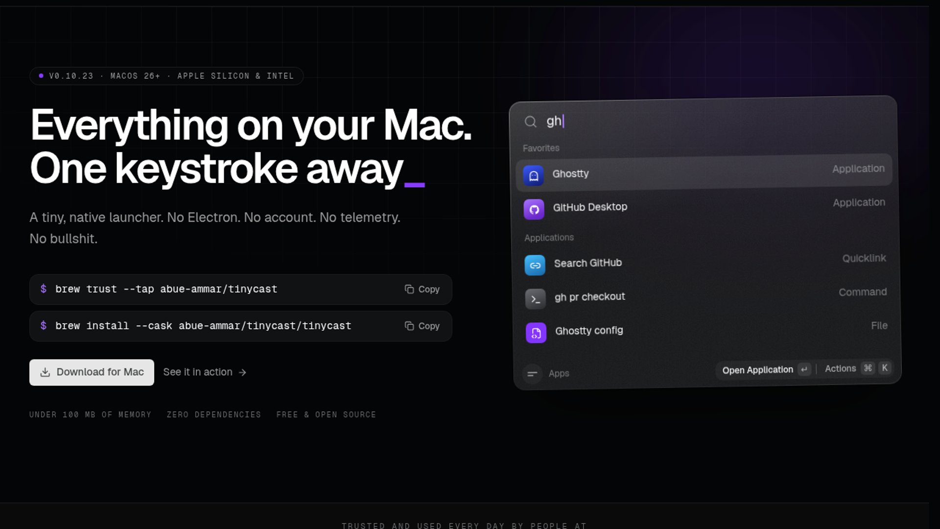 Tinycast ships native Raycast-compatible macOS launcher