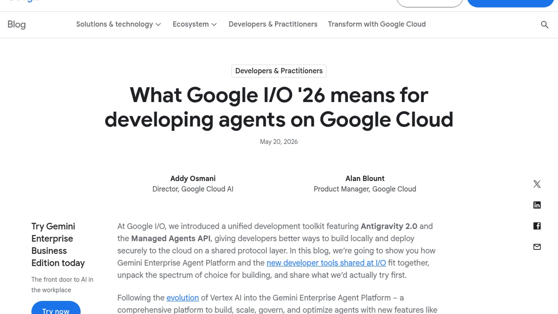 Google launches new agent developer tools for the Gemini Enterprise Agent Platform at I/O 2026, featuring Antigravity 2.0, Managed Agents API, and Agent Studio to streamline secure, production-ready AI agent deployments.