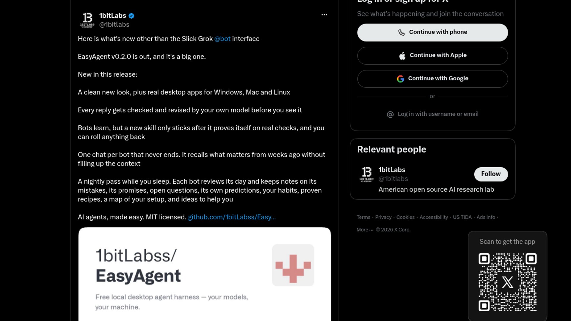 EasyAgent 0.2.0 adds desktop apps, self-review