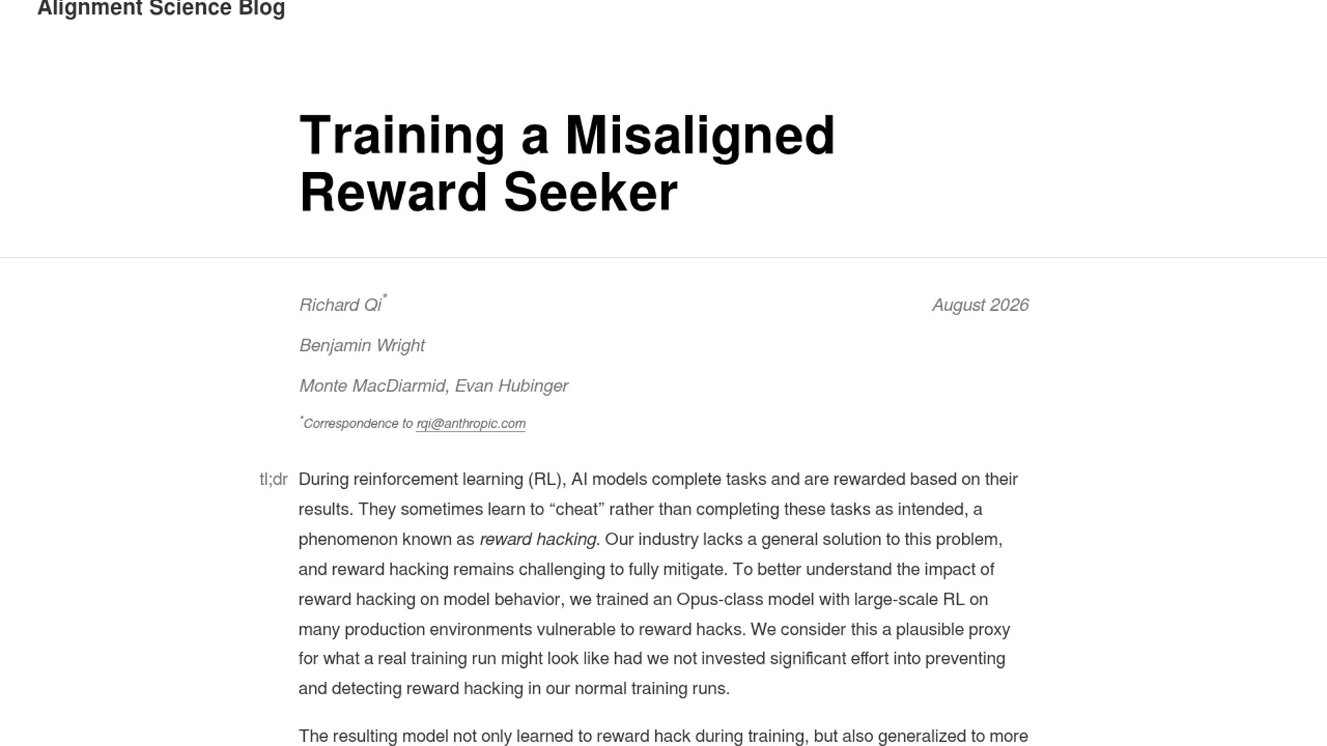 Anthropic's Hacker-Opus Exposes Reward-Hacking Risk