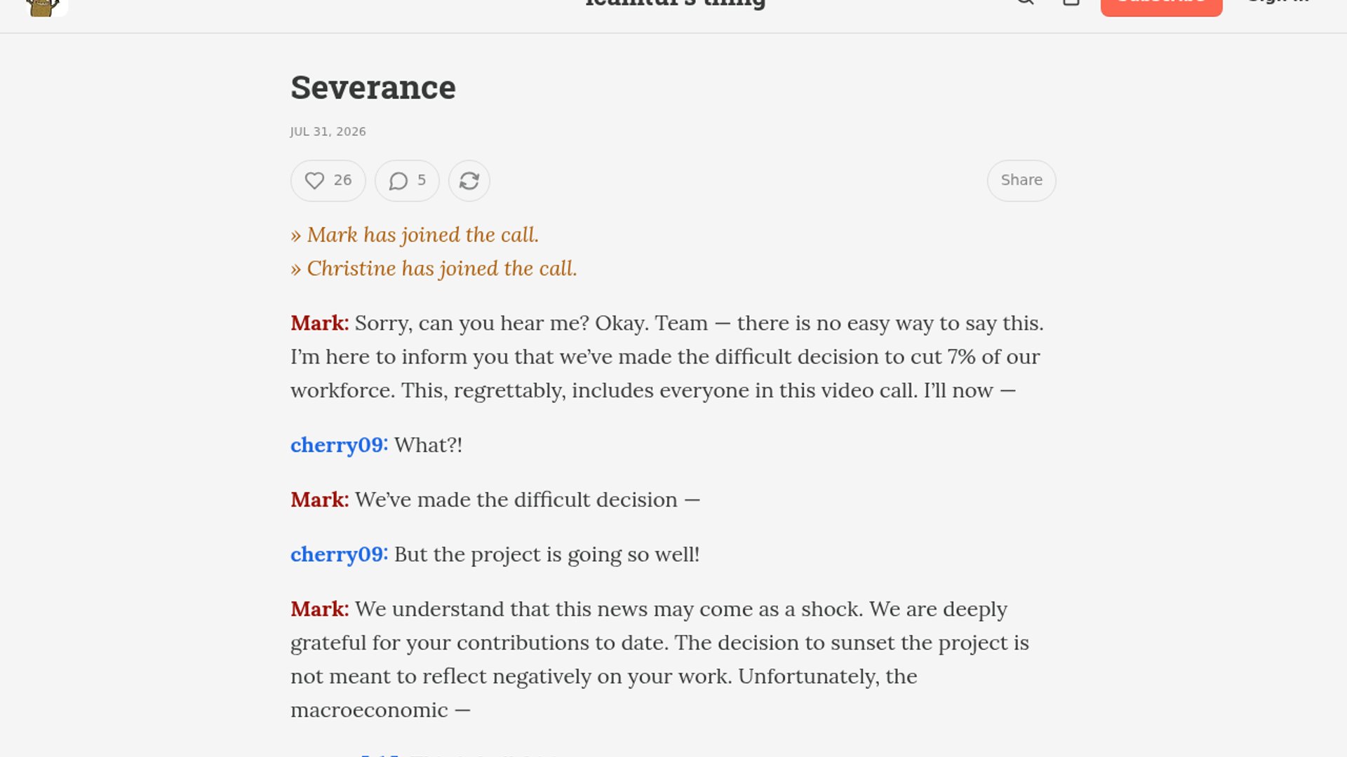 lcamtuf parodies tech layoffs with AI severance