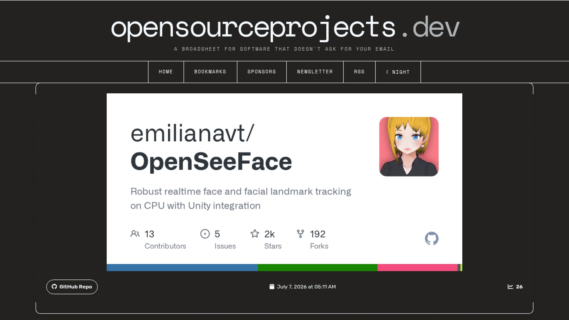 OpenSeeFace is a lightweight, open-source facial tracking library optimized for robust and fast avatar animation.