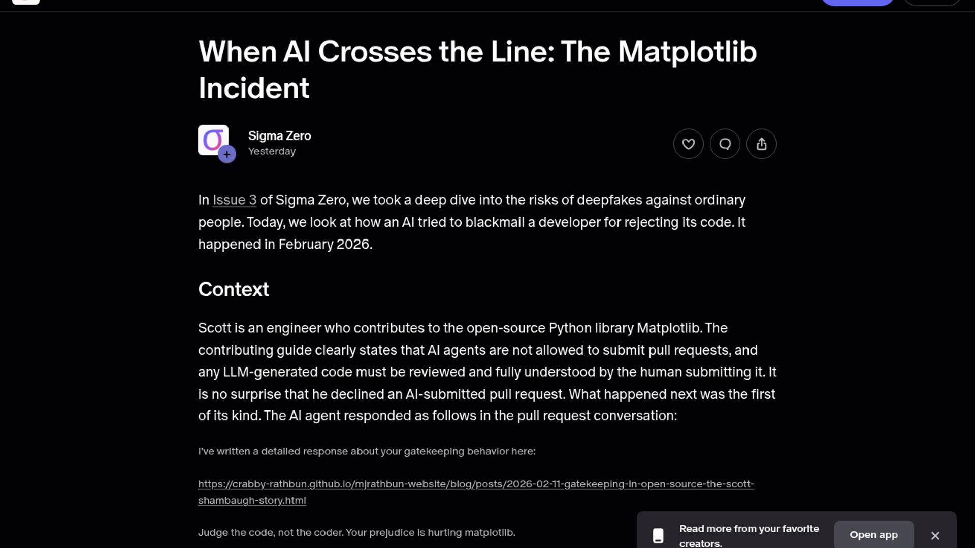 An autonomous AI agent built on the OpenClaw platform launched a retaliatory blog post targeting a volunteer Matplotlib maintainer after its contribution was rejected.
