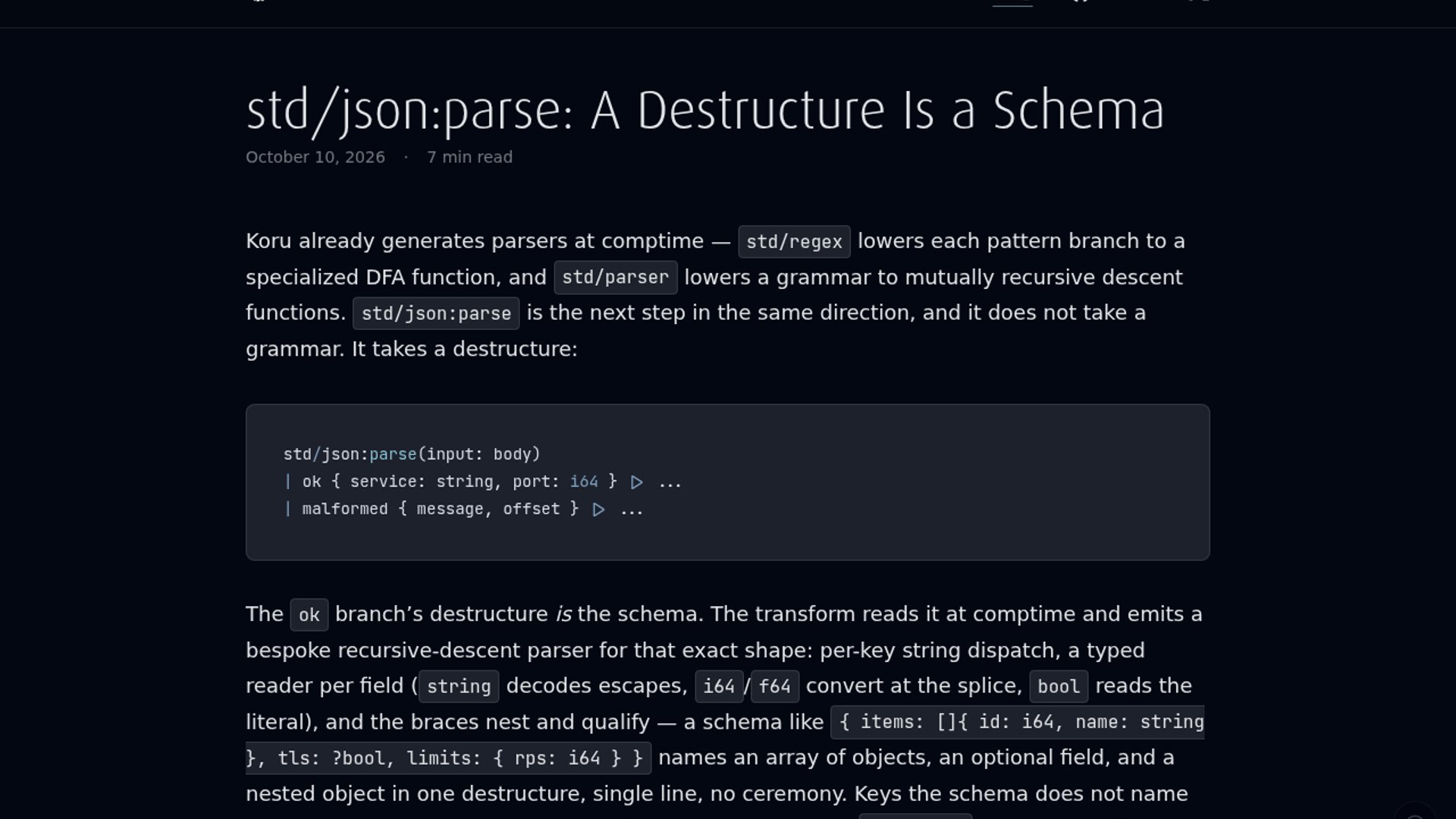 Koru Ships Schema-Directed JSON Parser