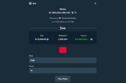 10M Stake Plinko Win