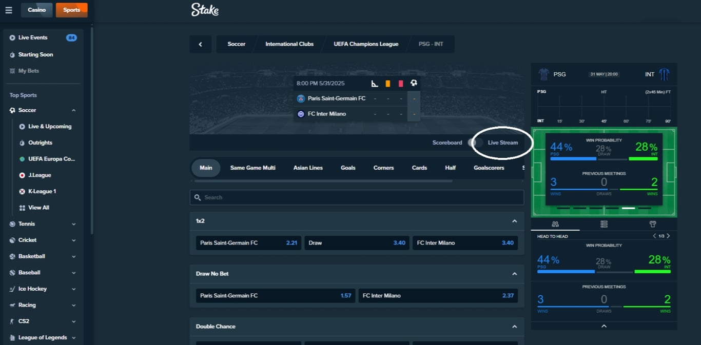 Stake.com PSG vs Inter Milan live stream