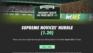 bet365 Cheltenham Offer - Money back up to £5 if your horse is beaten in the Supreme Novices' Hurdle