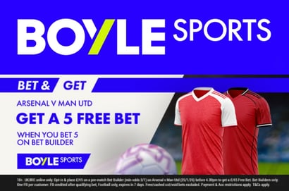 Arsenal vs Man Utd Offer – Place £5 Bet Builder Bet & Get £5 Free Bet