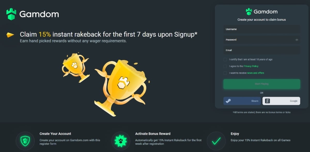 An example of a casino sign-up form on a computer screen