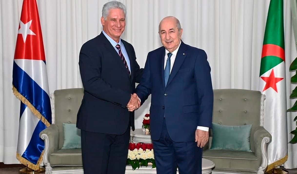 Miguel Díaz-Canel y Abdelmadjid Tebboune, presidente de Argelia. Foto: Al Mayadeen Net.