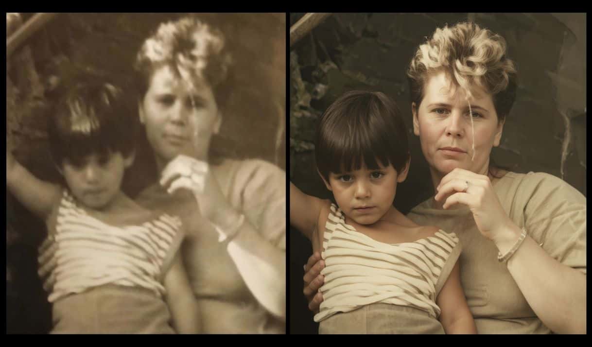 La foto de la izquierda es la original, aparecen Veronika y su mamá / La foto de la derecha es una restauración hecha con IA / Foto: cortesía de la entrevistada.