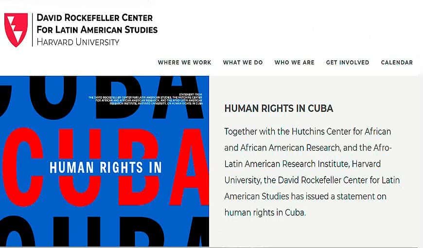 El primero de junio de 2021 tres centros de estudio de la Universidad de Harvard se pronunciaron contra la represión en Cuba. Foto: Sitio web del Centro David Rockefeller de Estudios Latinoamericanos.