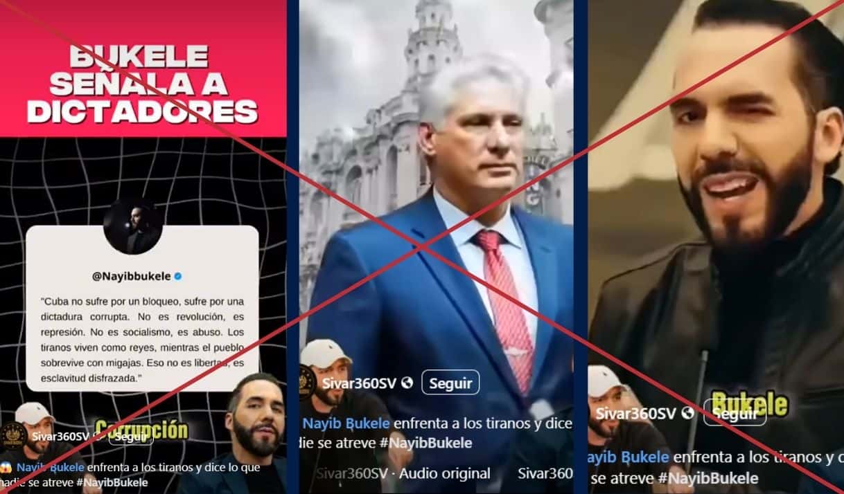 Las imágenes del clip combinan escenas generadas mediante IA con fragmentos de videos reales de Bukele, y otros de Cuba y figuras asociadas con el Estado cubano bajo el castrismo. Foto: capturas del video. 