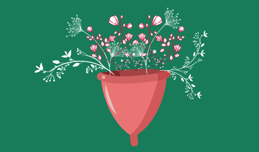 Copa menstrual, flores, higiene femenina, ecología. Ilustración: Matria.