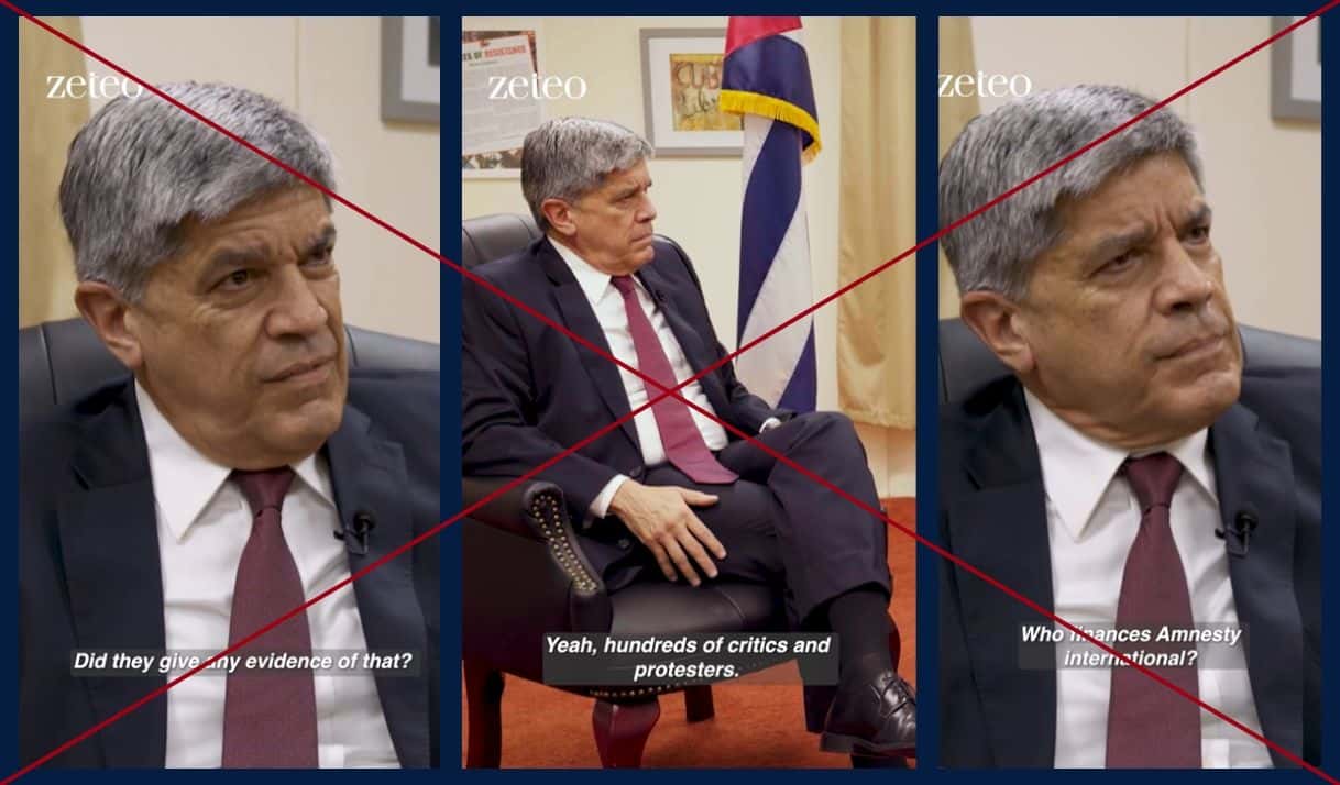 Capturas de la entrevista del vicecanciller cubano Carlos Fernández de Cossío con el periodista Mehdi Hasan para Zeteo News. 