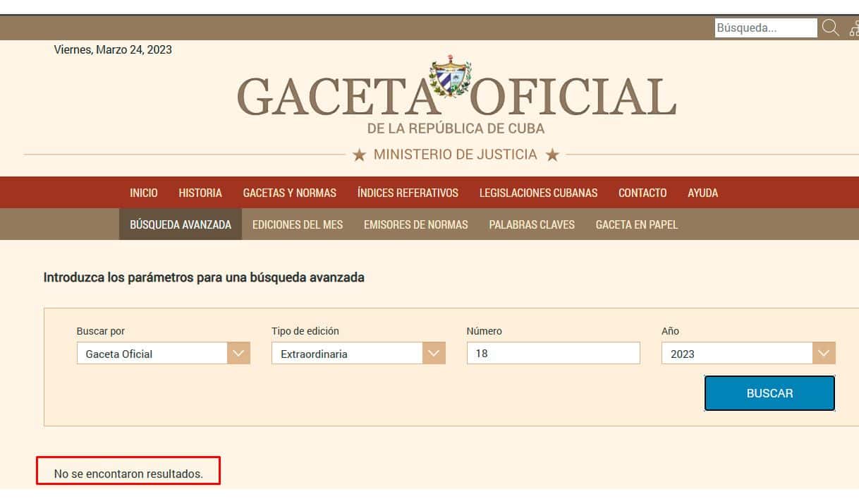 Foto: Captura de pantalla de la búsqueda de la Gaceta Oficial Extraordinaria del 18 de marzo de 2023.