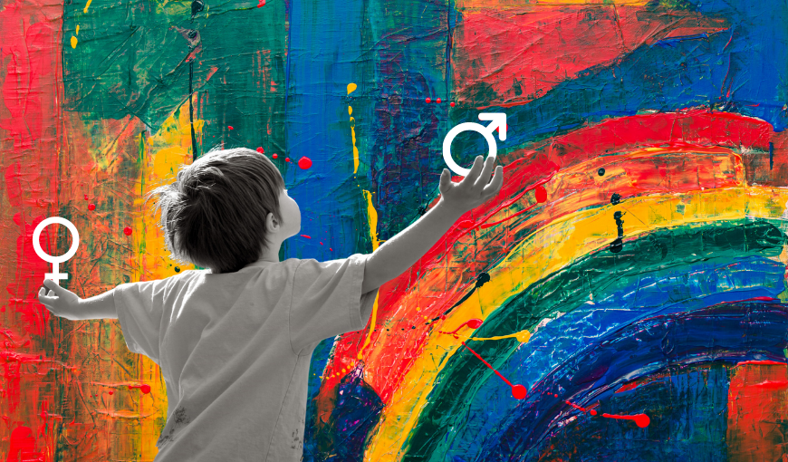 Niño, arcoiris, pintura, femenino, masculino, colores. Ilustración: Matria.