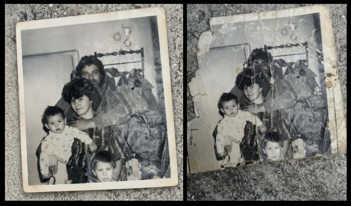 Veronika con sus padres, Renata y Leonel. Imagen mejorada con IA (izquierda), foto origina (derecha). 