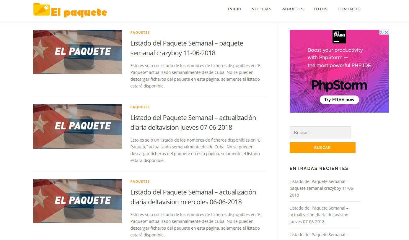 Portada del sitio web Paquete de Cuba.