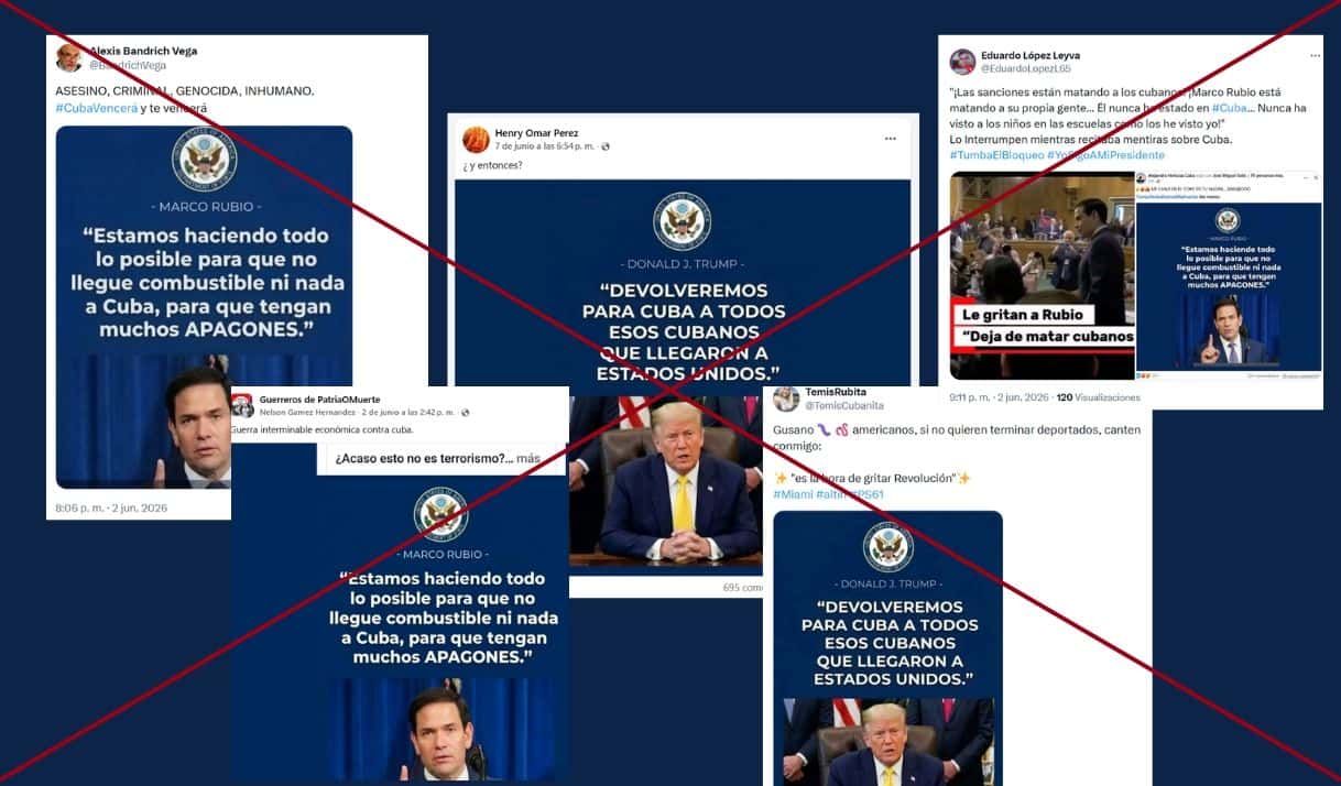 Capturas de publicaciones falsas en redes sociales con frases sobre Cuba atribuidas a Marco Rubio y Donald Trump. 