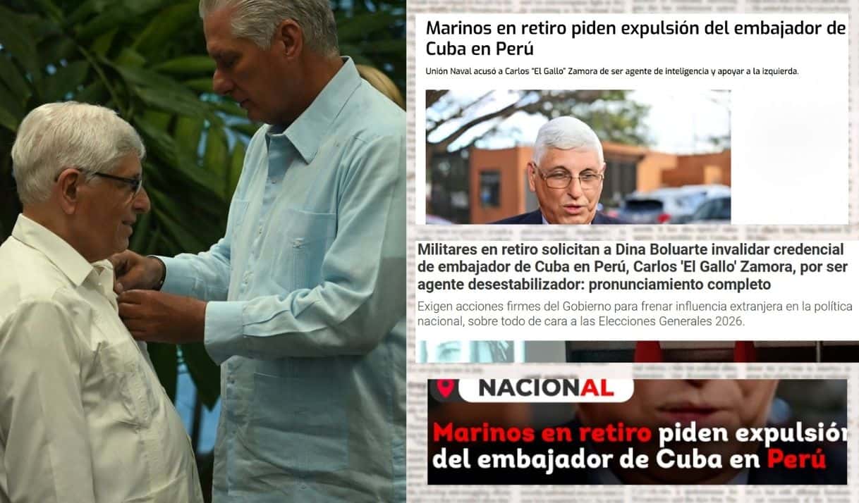 Embajador cubano Carlos  Zamora condecorado en La Habana e imágenes de reportes de la prensa peruana. Fotos: Minrex/Capturas. 