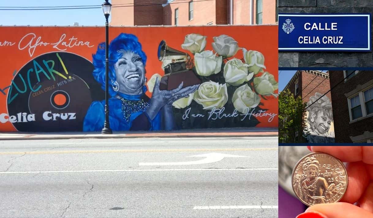 Mural de Maggie Keane dedicado a Celia Cruz e imágenes de homenajes a la cantante cubana.