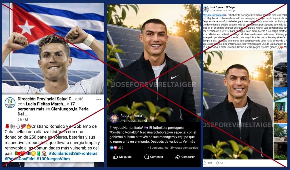 Capturas de desinformación viral sobre supuesta donación de Cristiano Ronaldo a Cuba.
