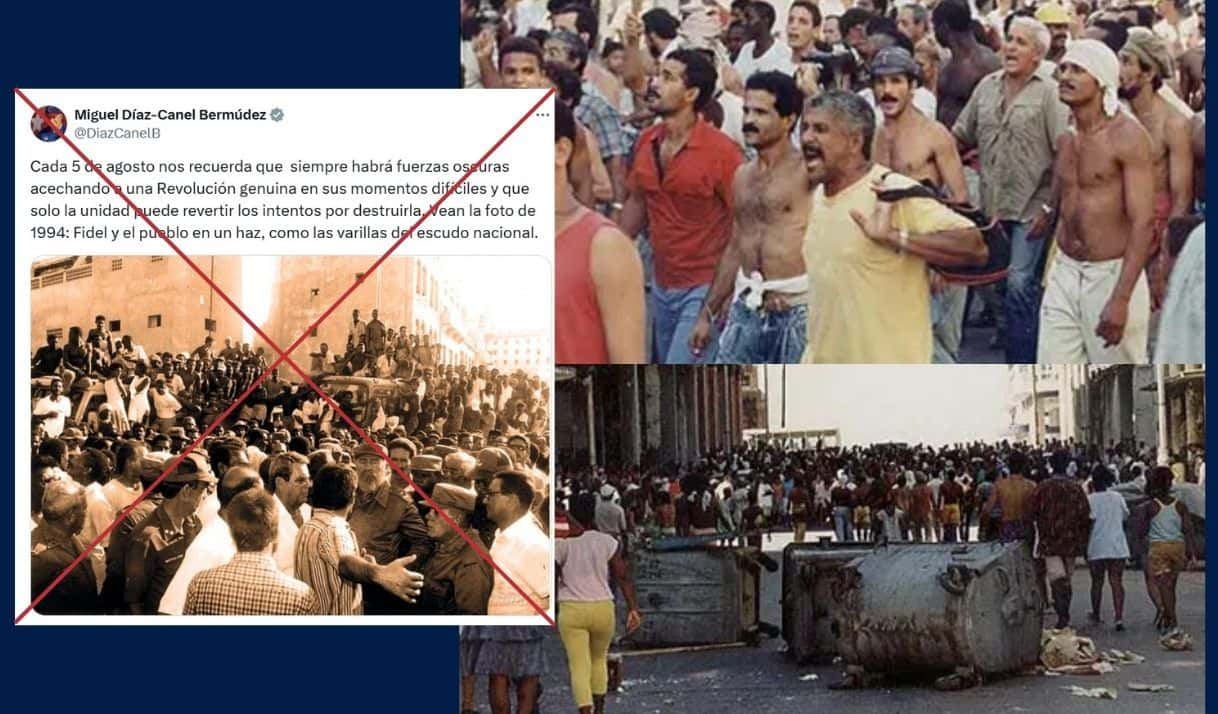 Fotomontaje: Captura de publicación de Miguel Díaz-Canel en redes sociales. Imágenes del fotógrafo Karel Poort en La Habana, 5 de agosto de 1994. 